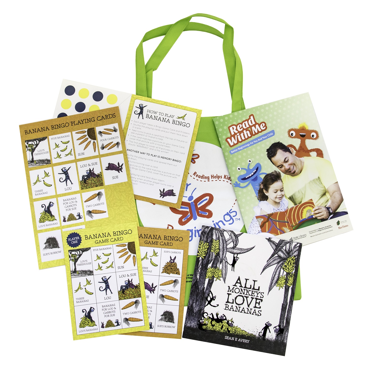 Green Kindergarten pack with Read With Me Brochure, All Monkeys Love Bananas picture book with board games and activities based on the picture book