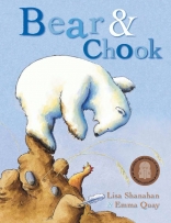Bear and Chook book cover featuring a bear standing on a sandcastle looking at a chicken. 