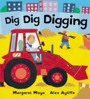 Dig Dig Digging book cover featuring a bulldozer and construction workers. 