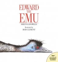 Edward the Emu book cover featuring an emu lying with its head and beak flat on the ground.