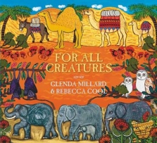 For All Creatures book cover featuring a donkey, camels, owls, elephants, butterflies and an assortment of plants and flowers.