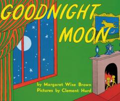 Goodnight Moon book cover featuring a living room with a fireplace, painting of a cow jumping over the moon, and a window looking out on the moon and stars.