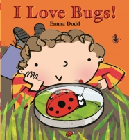I Love Bugs! book cover featuring a child looking at a ladybird under a magnifying glass. 