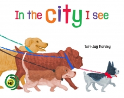 I the City I see book cover featuring a group of different breed dogs walking on leashes.
