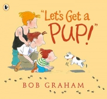 Let's Get a Pup! book cover featuring a family watching a puppy.