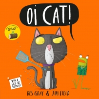 Oi Cat book cover featuring a cat holding a fly swat next to a frog. 