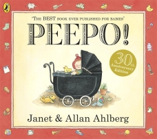Peepo! book cover featuring a baby peeking out of an old fashioned pram. 