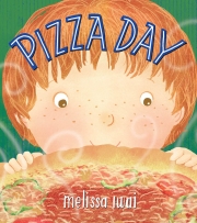 Pizza Day book cover featuring a child looking at a steaming pizza. 