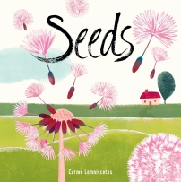 Seeds book cover featuring pink thistledown petals blowing away over a single house sitting on a large grassy area.  
