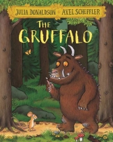 The Gruffalo book cover featuring a large creature and a small mouse walking through a forest. 