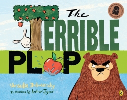 The Terrible Plop book cover featuring a grumpy looking bear and a rabbit hiding behind an apple tree. 