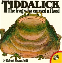Tiddalick the Frog Who Caused a Flood book cover featuring a large frog. 