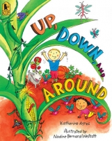 Up, Down, and Around book cover featuring children standing amongst growing vegetables. 