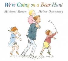 We're Going on a Bear Hunt book cover featuring a father walking with three children. 