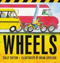 Wheels book cover featuring a truck, bus, and motorbike.
