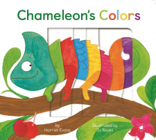 A brightly coloured Chameleon sitting on a branch with cherries, leaves and pink flowers.