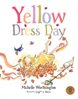 Yellow dress book cover featuring a girl in a yellow dress falling into a pile of leaves