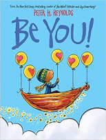 Be You! book cover.  Child in a boat floating above a cloud, boat has yellow balloons with red hearts and one held by child.