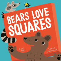 Bears Love Squares book cover.  A bear holding a red square and a racoon looking over the top of the square.