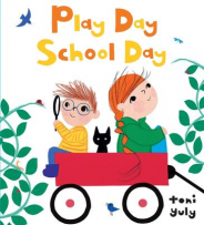Play Day School Day book cover. Two children and a black cat sitting in a red cart.