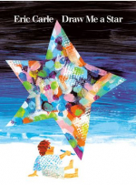 Draw Me a Star cover. A large collage star on a dark blue background being drawn by a person sitting under it.