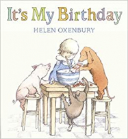 It's My Birthday cover with child at a table mixing a cake watched by a pig, a monke\y and a dog