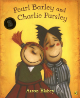 Pearl Barley and Charlie Parsley cover.  Picture of girl in green jumper and red skirt and boy in striped dressing gown.