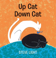 Up Cat Down Cat cover. White cat holding a mouse in its mouth over a sleeping black cat.