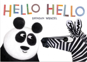 Hello Hello board book cover.  A panda and a zebra looking at each other.