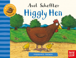 Higgly Hen cover. A hen standing in a field with two chicks.