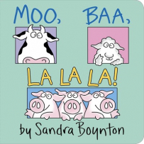 Moo, Ba, La La La! cover.  One cow, one sheep and three pigs look through rectangles on a green background.