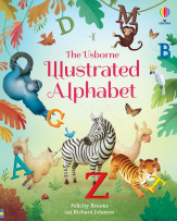 The Usborne Illustrated Alphabet cover.  A jungle scene with animals holding letters