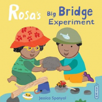 Rosa's Big Bridge Experiment cover.  Two children kneeling, holding a rock together.