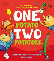 One Potato Two Potatoes bookcover. Red background with white and green title text, with potatoes in clothes.