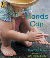 Hands Can cover. Child bending down, rubbing hands.