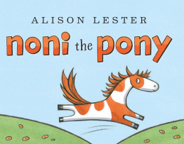 Noni the Pony cover.  Illustration of a horse bounding along over grassy hills with a blue sky background.