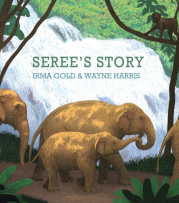 Book cover of Seree's Story. Adult and baby elephant walk with trunks intertwined in front of a waterfall.