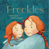 Book cover of Freckles by Catherine Jinks. A red-headed daughter and a red-headed mum hug.