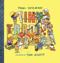 Book cover of Tiny Tradies by Tami Sussman. Lots of children dressed as tradies with high viz and tools build the letters in the title of the book.  On yellow background.
