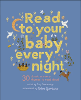 Book cover of Read To Your Baby Every Night.  Blue background with yellow lettering that looks like embroidery.