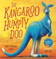 Book cover of The Kangaroo of Humpty Doo. Drawing of a kangaroo on a yellow/orange outback scene.