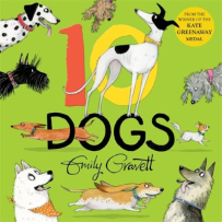 The book cover is green with the title “10 Dogs” in large print. Ten different types of dogs are illustrated around the page.