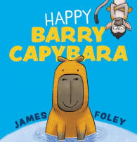 The cover is bright blue with the title “Happy Barry Capybara” at the top in white and yellow font. A smiling capybara sits in a small pond, while a grumpy monkey hangs upside down from the top right corner.