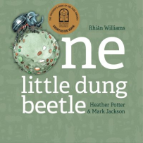 A green cover with the title “One Little Dung Beetle” in white font. The “O” in “One” is a ball of dung with a dung beetle on top rolling it.
