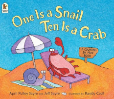 The cover shows a beach scene with a crab lying on a beach chair, waving. A snail sits on a beach towel under a beach umbrella. The title “One Is a Snail, Ten Is a Crab” appears above them in yellow font.