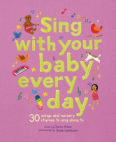 The book cover is purple with the title “Sing With Your Baby Every Day” embroidered in bold green text. Embroidered around the title are a bear, a bird, music notes and a child. The text takes up most of the page.