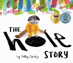 The cover shows a child sitting on a white background, looking down into a black hole. Behind them are the colourful legs of many people. The title “The Hole Story” is written in black, with the “O” in “Hole” formed by the hole the child is staring into.