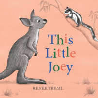 The book cover is peach with the title “This Little Joey” written in blue, green and orange font. An illustration shows a kangaroo joey and a small possum sitting on a tree branch.