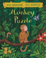 Monkey Puzzle book cover featuring a monkey sitting on a branch in a jungle with other animals around. 