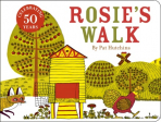 Rosie's Walk book cover featuring a chicken walking across a farm with a fox following her. 